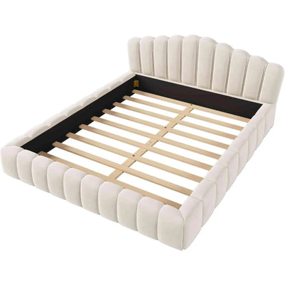 Upholstered King Size Bed with Shell Headboard, Velvet Floor Bedstead, Solid Flat Noodles Support, Luxurious Bedroom