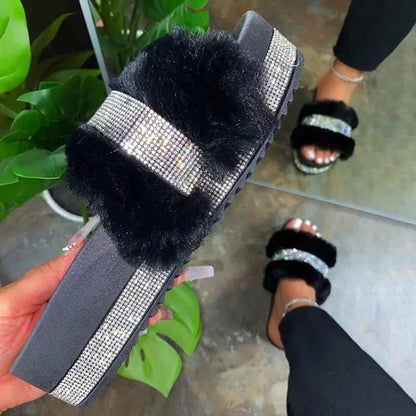 Women Fur Rhinestone Slippers Platform Wedges Without Heel Fluffy Furry Slides Flat Flip Flops Shoes Ladies Shiny Bling