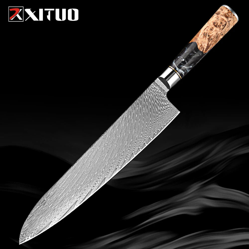 XITUO 1-9 PCS Damascus Steel Kitchen Knives High Quality Chef Chopping Vegetable Slicing Deboning Bread Knife Black Resin Handle