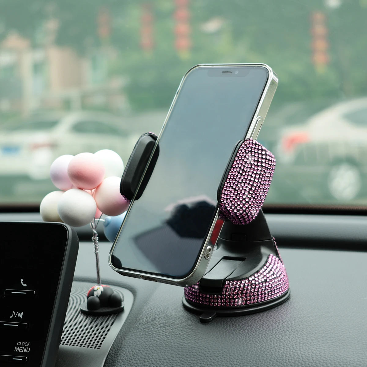 1pc Rhinestone Decor Car Phone Holder Durable Stylish Construction for Safe Driving 360° Rotation & Dashboard Suction Cup Mount!