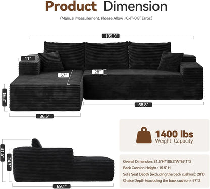 104" Cloud Sectional Couch with Comfy Chaise, Boneless L Shape Sofa with Deep Seat, Minimalist Modular Couches Sleeper