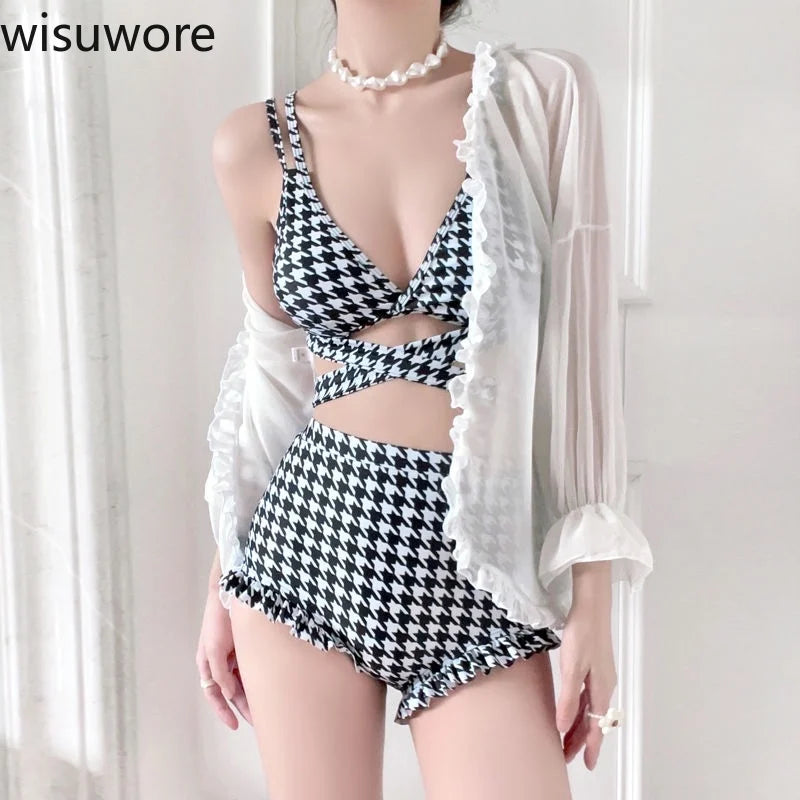 WISUWORE Plaid Swimwear Ladies Korea 2023 New Star Same Swim Bikini Hollow Out Cross Straps Sexy Bikini Swimsuit Women Bikinis