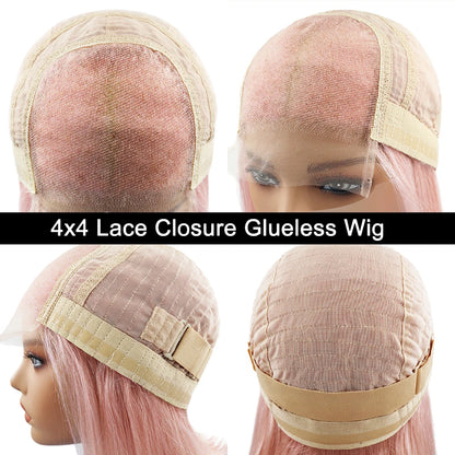 13x4 Lace Frontal Light Pink Women Wig Preplucked 4x4 Closure Short Bob Glueless Wigs Ready to Wear Brazilian Virgin Human Hair