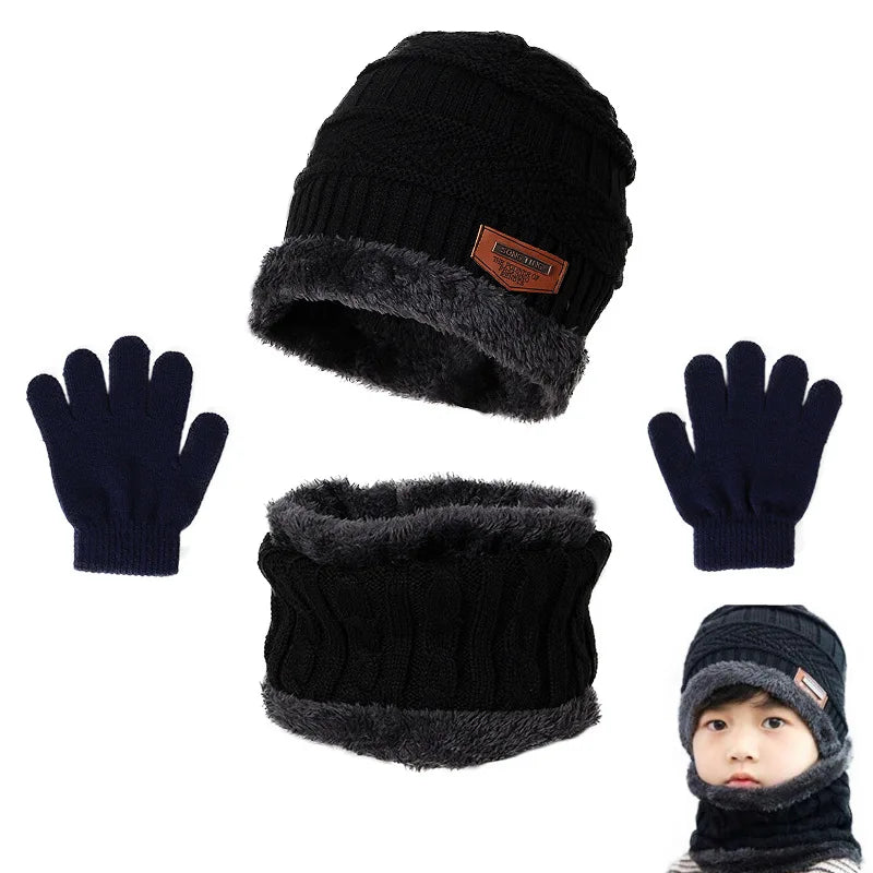 Winter Hat Scarf and Gloves Set Plush Warmer Children Knitted Hat Baby Boys Beanies Cap Neck Scarf Glove Suit For Kids Accessori