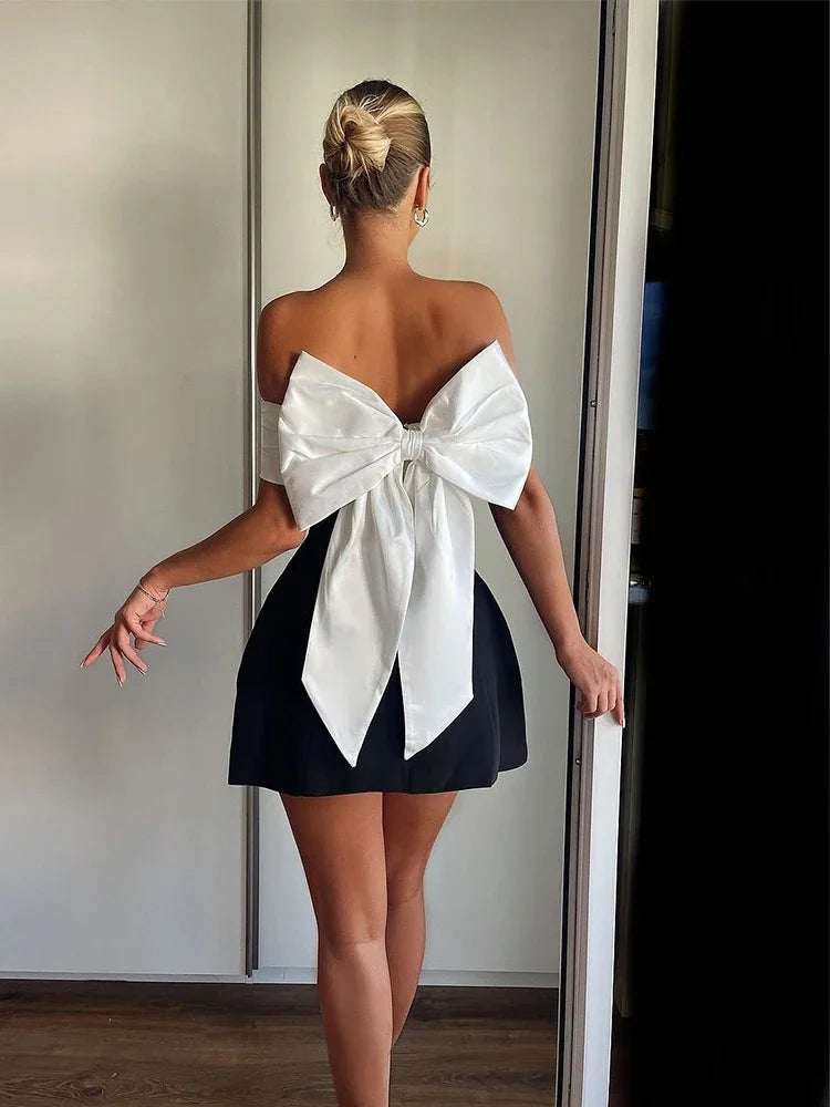 Women Sexy Backless Short Dress Fashion Sleeveless Big Bow Mini  Dress Lady Evening Party Dress 2025 Summer New Women's Clothing