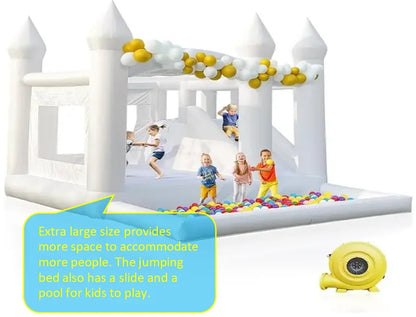 White Bounce House for Kids and Adults, Slide and Ball Pit, Outdoor PVC Jumper, Bouncy Castle, 15x15ft,With Aie Blower