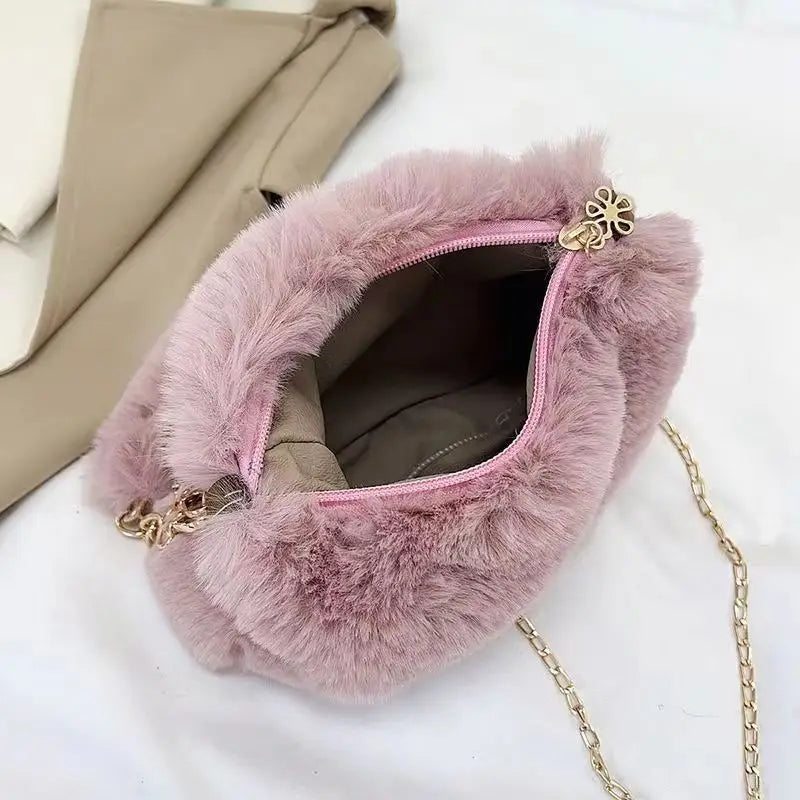 Winter Plush Tote Handbag Versatile Fluffy Shoulder Bag Soft Cute Chain Crossbody Bag Fashion Women Girls Small Square Handbag