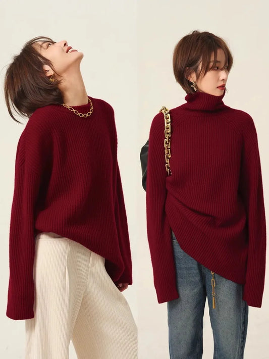 Turtleneck 100% cashmere sweater women loose thickening age reduction niche vintage red crewneck sweater women long sleeves