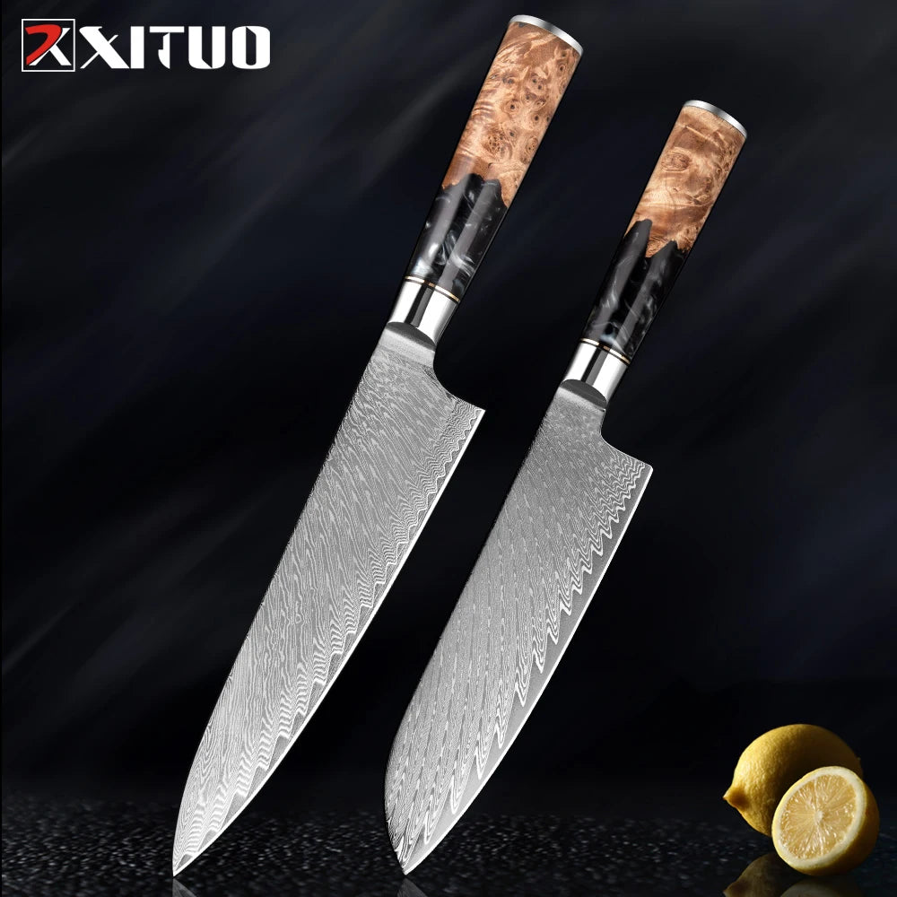 XITUO 1-9 PCS Damascus Steel Kitchen Knives High Quality Chef Chopping Vegetable Slicing Deboning Bread Knife Black Resin Handle