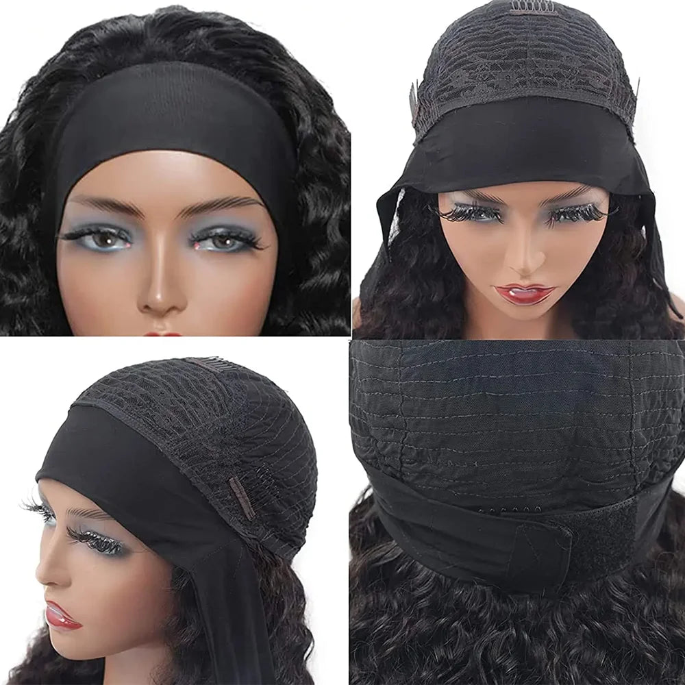 Water Wave Headband Wig Kinky Curly Human Hair Wigs For Women BrazilianFull Machine Made Remy Human Hair Wig Scarf Wig