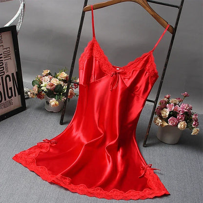 Women Sexy Nightdress Lace Satin Soft Silky Glossy Lingerie Summer Comfort Thin-Sleepwear Ladies Breathable Sling Sleepshirts