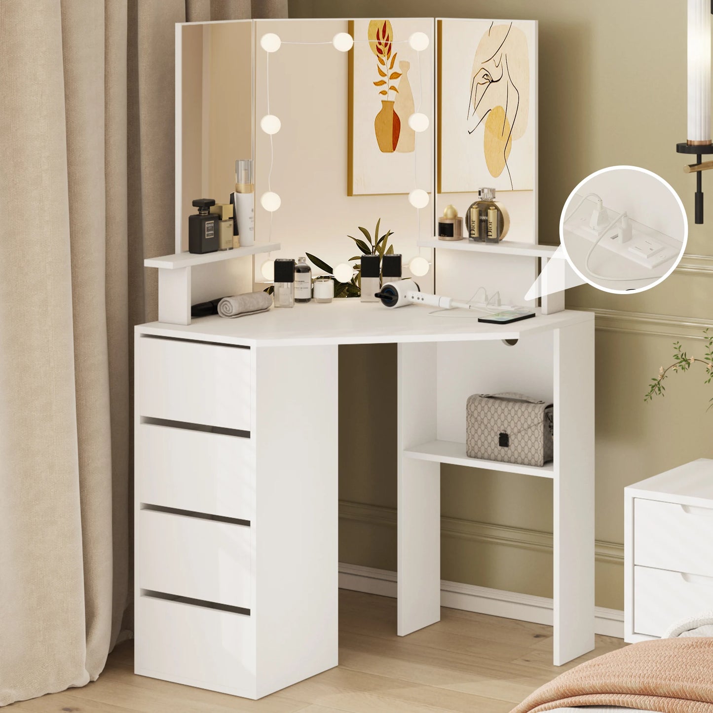 Vabches Corner Vanity Makeup Desk with Lights Tri-Fold Mirror Bedroom Vanity Table with Power Strip 4 Drawer Wood Dressing Table