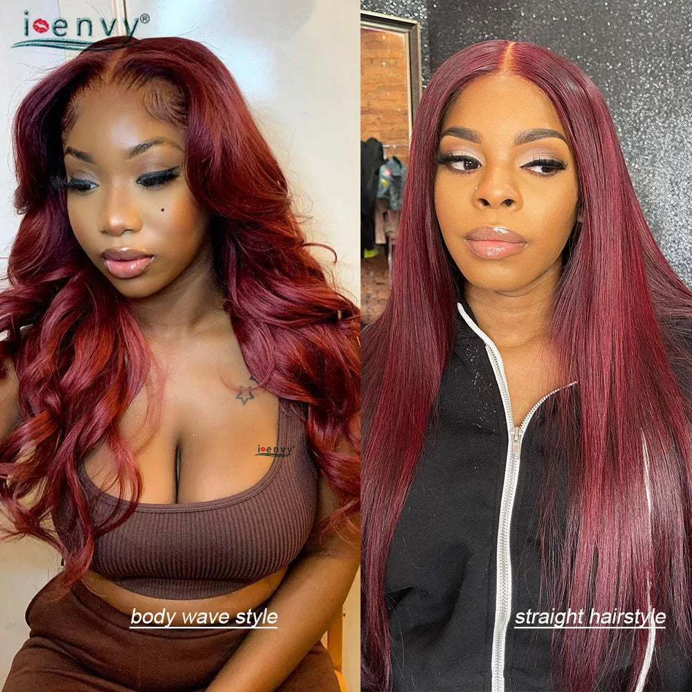 13X4 Hd Transparent Lace Front Wigs Burgundy Red Human Hair Wigs Pre Plucked 30 Inches Body Wave Lace Front Wigs For Women Curly