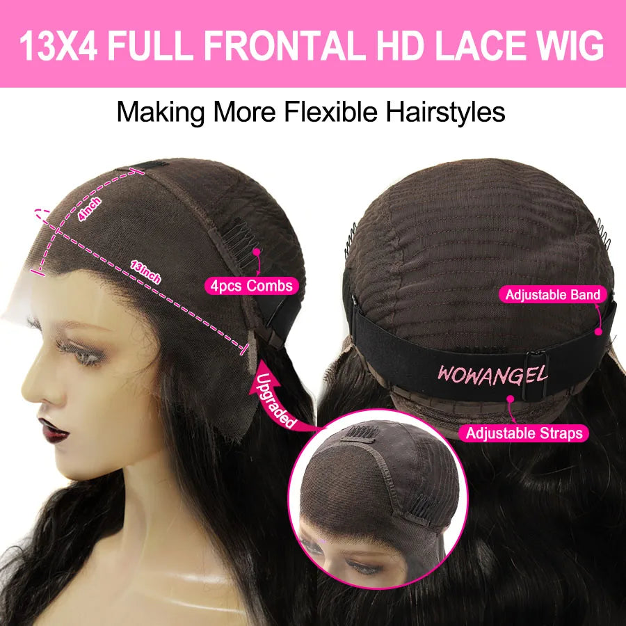 Wow Angel 250% 13x6 HD Lace Front Wig Swiss Lace Melt Skin Pre Plucked Natural Scalp Body Wave Human Hair Wig For Woman Glueless