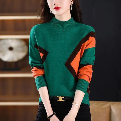 Velvet and Thickened Women's Top 2024 New Autumn/Winter Korean Edition Color Block Knitted Half High Neck Sweater