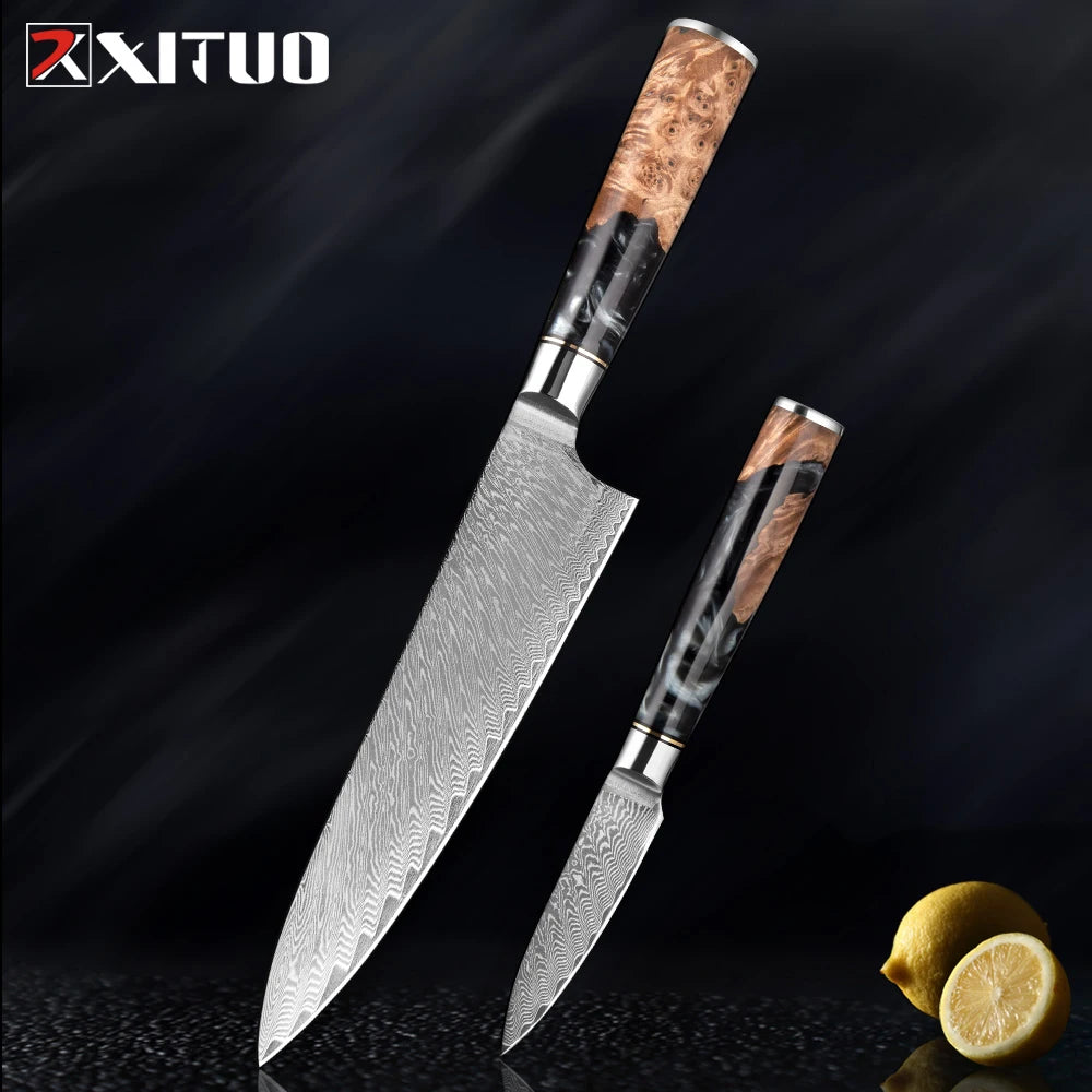 XITUO 1-9 PCS Damascus Steel Kitchen Knives High Quality Chef Chopping Vegetable Slicing Deboning Bread Knife Black Resin Handle