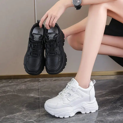 Women's Sneakers 2025 Spring Lace-Up Thick Bottom Vulcanize Shoes Woman Pu Leather Breathable White Black Sports Shoes Ladies