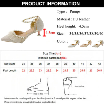 2023 New String Bead Ankle Strap Pumps Women Elegnat Lace Thin Heels Wedding Shoes Woman Comfort Med Heels Pearl Bridal Shoes