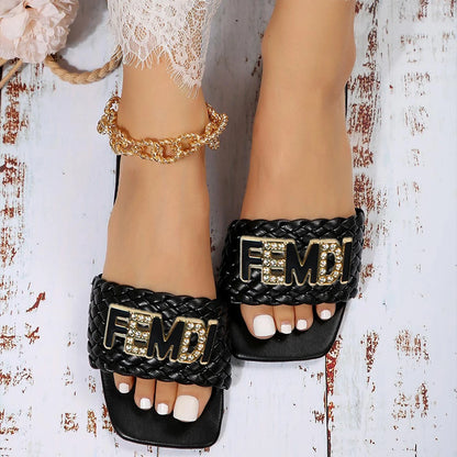 Women Luxury Decor Weave Design Flat Sandals Fashion Vacation Casual Open-toe Slides Party Sexy Elegant Office-Ladies New Shoes