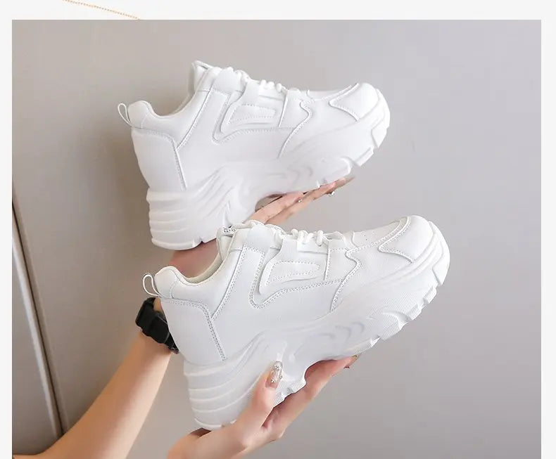 Women's Sneakers 2025 Spring Lace-Up Thick Bottom Vulcanize Shoes Woman Pu Leather Breathable White Black Sports Shoes Ladies