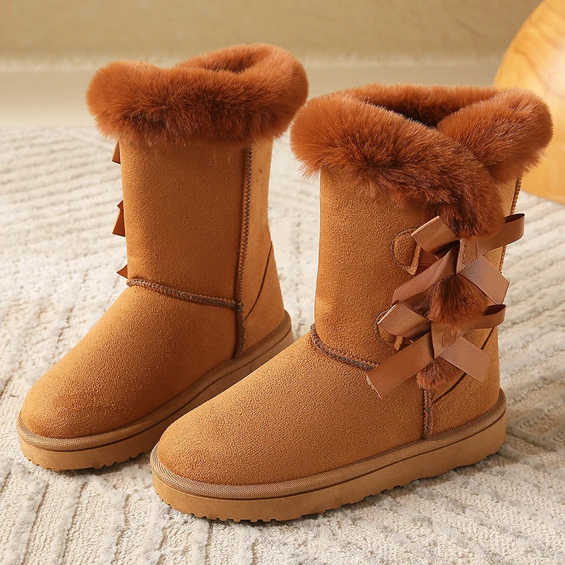 Women Flock Fluffy Suede Snow Boots Cute Butterfly Round Toe Warm Boots Autumn Winter Thick Sole Platform Cotton Shoes