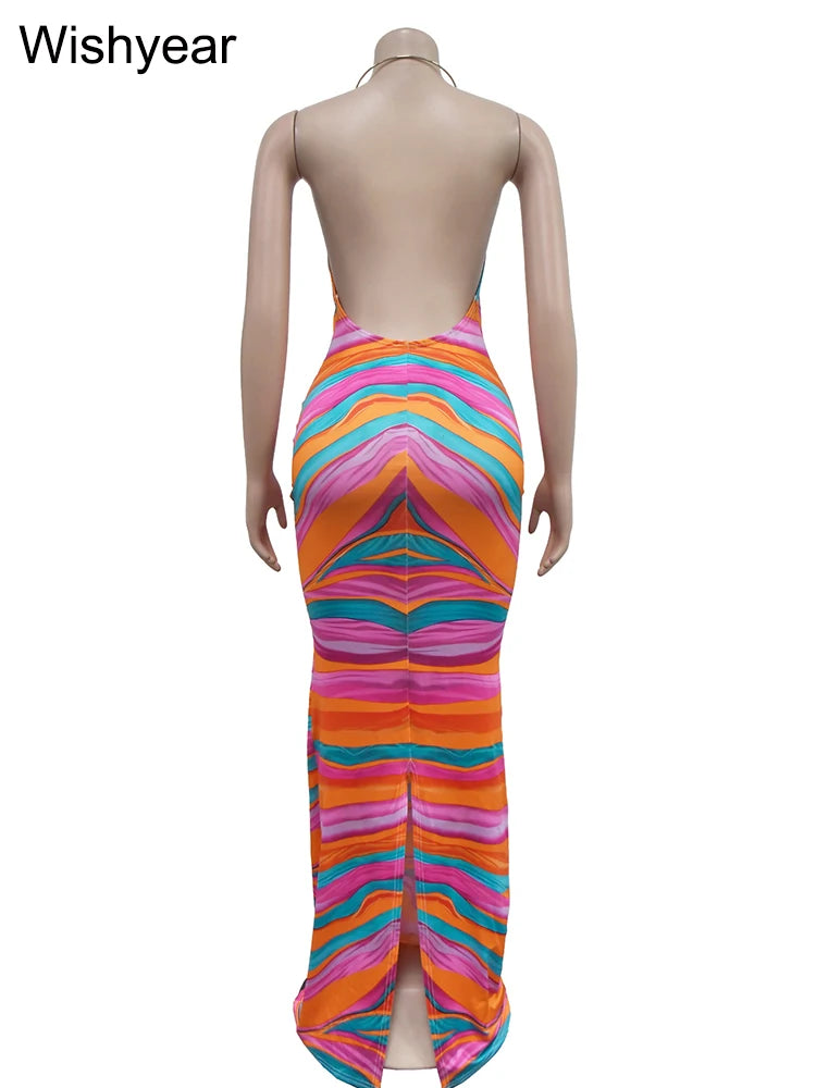 Wishyear Stripe Print V-neck Halter Sleeveless Backless Bodycon Long Maxi Dress Women Summer Beach Night Club Birthday Vestidos