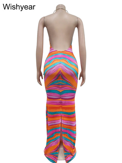 Wishyear Stripe Print V-neck Halter Sleeveless Backless Bodycon Long Maxi Dress Women Summer Beach Night Club Birthday Vestidos