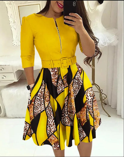 Women's Summer Fashion Belt Mid Length Dress With Baroque Leopard Print Color Blocking Zipper Design Casual Office Dress