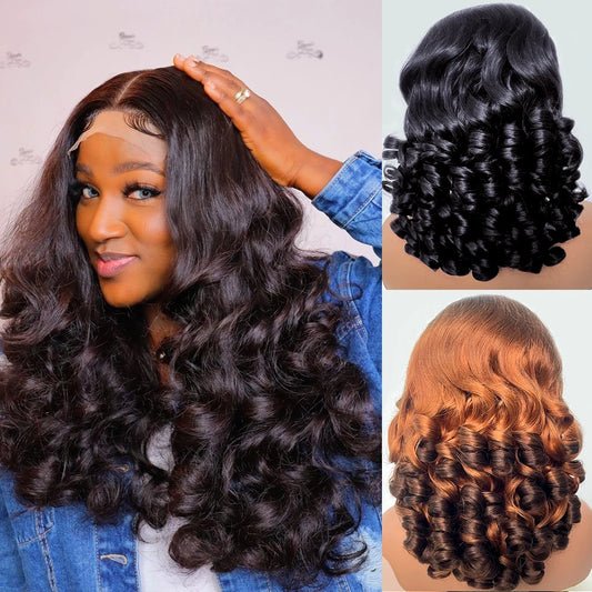 100% Indian Hair Bouncy Curly Loose Wave 13x4 HD Lace Front Wig Ombre Double Drawn Curl Wig 250% Density Glueless with Baby Hair