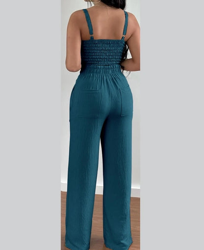 Two Piece Set Women Outfit 2024 Summer Fashion V-Neck Sleeveless Shirred Crop Top & Casual Pocket Design Wide Leg Pants Set