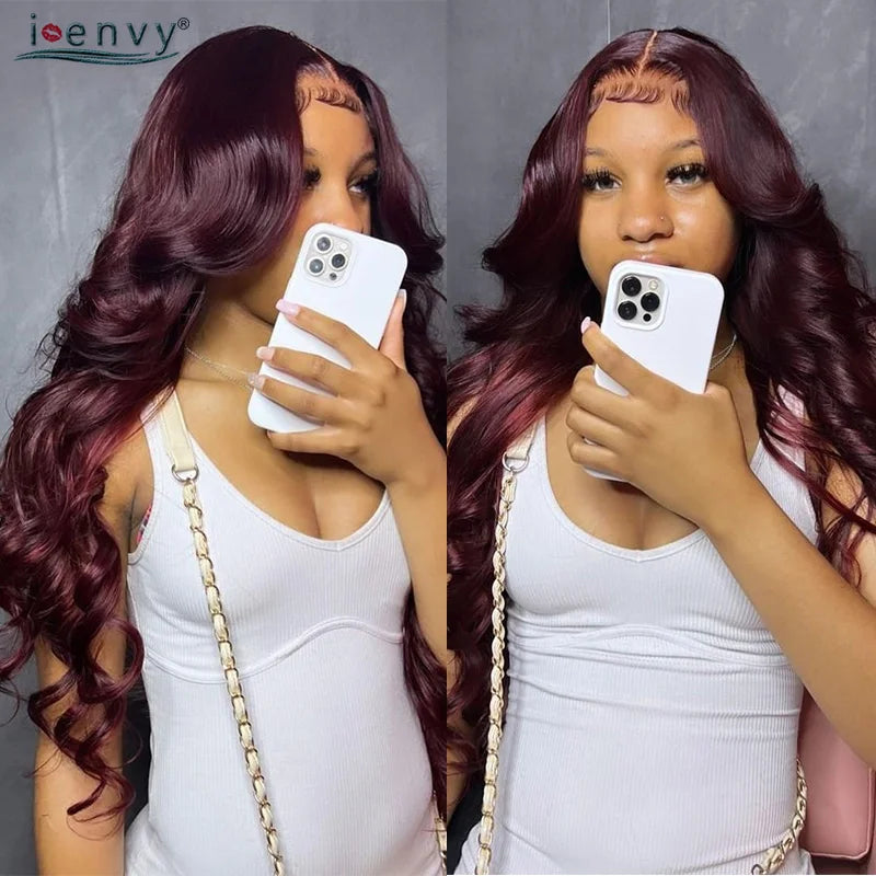 13X4 Hd Transparent Lace Front Wigs Burgundy Red Human Hair Wigs Pre Plucked 30 Inches Body Wave Lace Front Wigs For Women Curly