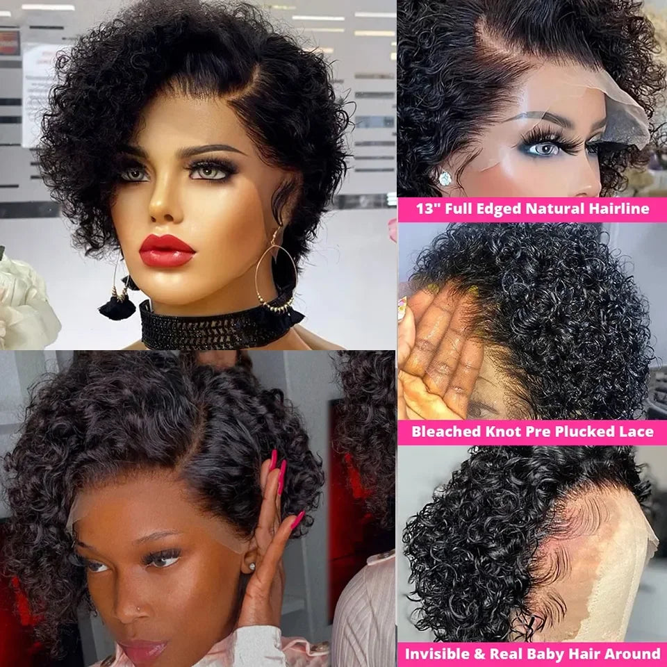 Short Bob Wig Pixie Cut Wig Curly Human Hair Wigs For Women 13x6x1 Lace Front Transparent Deep Wave Lace Wig Preplucked Hairline