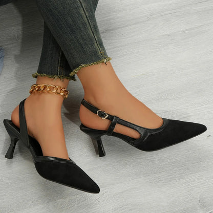 Women Shoes Satin Pointed Back Empty Women Sandals 2025 Summer One-word Buckle Sexy  High Heels Women Sandalias Mujer Zapatos