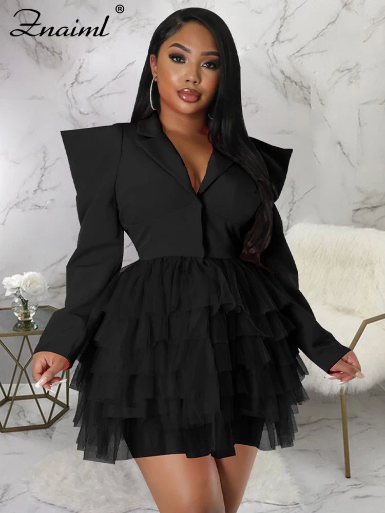 Znaiml Fashion Blazer Style Long Sleeve Ruffles Mesh A-line Mini Dress Women Spring Office Lady Sexy Club Party Birthday Dresses