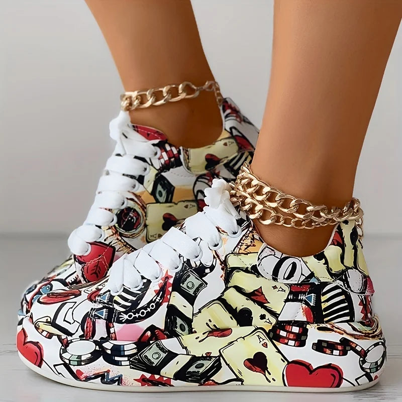 Women's graffiti print sneakers, fashion lace-up low-top platform sneakers, casual skateboard shoes