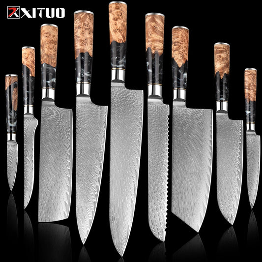 XITUO 1-9 PCS Damascus Steel Kitchen Knives High Quality Chef Chopping Vegetable Slicing Deboning Bread Knife Black Resin Handle