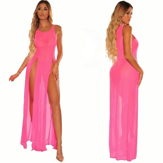 Top Fashion Transparent Sexy Split Long Sleeping Dress Super Elastic Multi-color Mesh Beach Skirt Women Nightgown Lingerie Dress