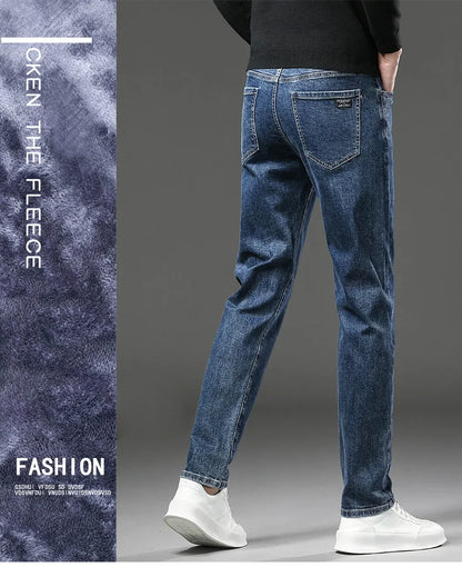 Winter Fleece Thick Warm Jeans Men's Slim Straight Elastic Denim Pants Casual Male Clothing Fashion Plush Trousers