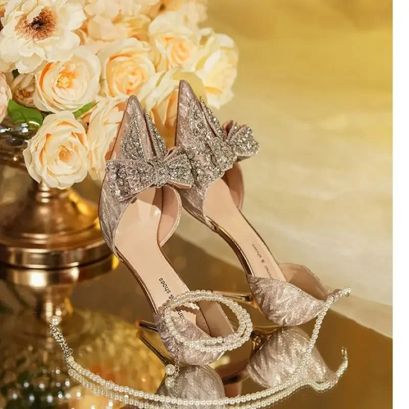 2024 Summer Luxury Women Rhinestone Butterfly Pearl Gold High Heels Silver High Heel Sandals Party Wedding Shoes Plus Size