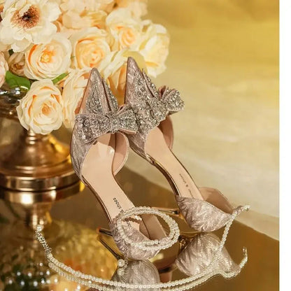 2024 Summer Luxury Women Rhinestone Butterfly Pearl Gold High Heels Silver High Heel Sandals Party Wedding Shoes Plus Size