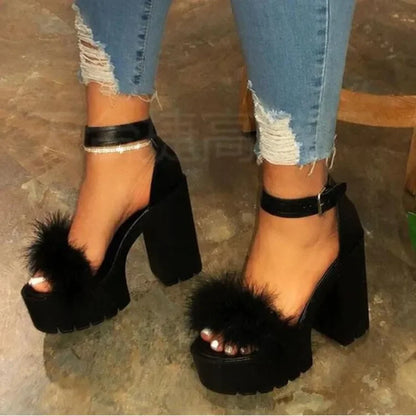 Woman Furry Sandals High Heels with Fur Female Platform Pumps Women Ankle Strap Women's Wedge Shoes 2022 Summer