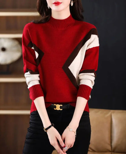 Velvet and Thickened Women's Top 2024 New Autumn/Winter Korean Edition Color Block Knitted Half High Neck Sweater