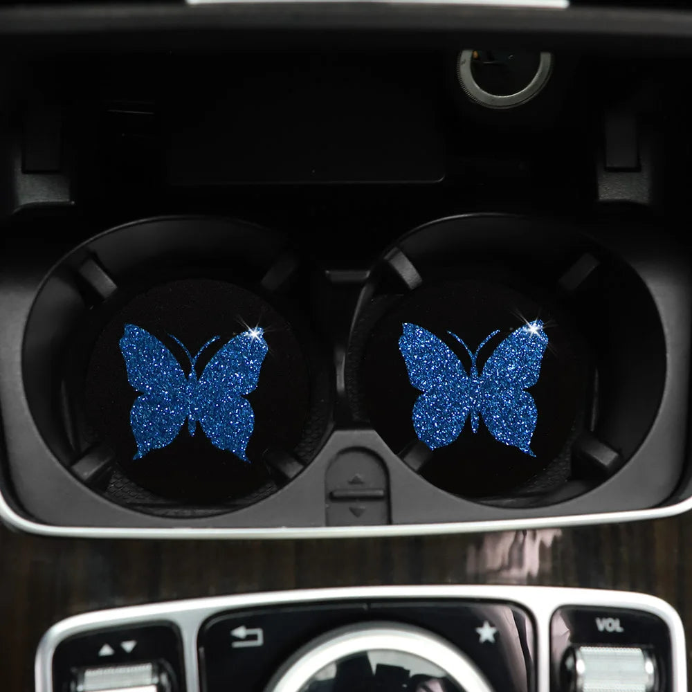 Two Cute Pink Butterflies Glitter Light Car Water Cup Pads for Women with Car Accessories