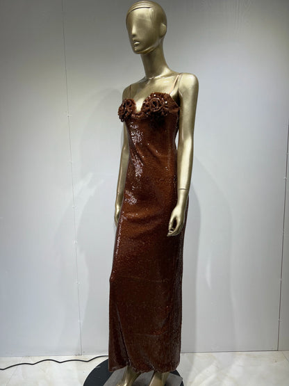 Women Luxury Sexy Sleeveless Backless Flower Mesh Sequins Brown Sparkly Bodycon Maxi Long Dress Elegant Evening Party Club Dress