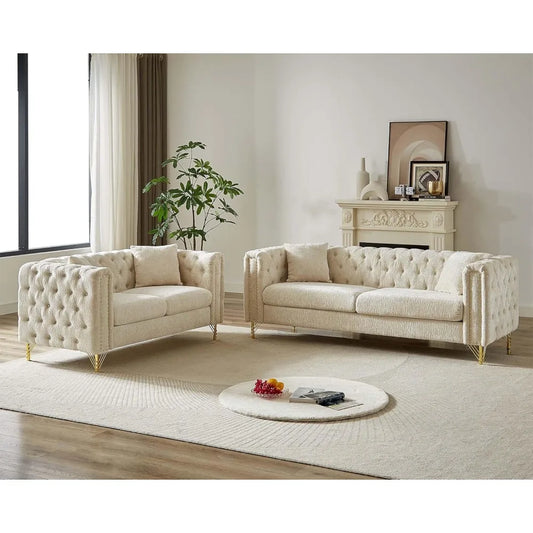 2 Piece Living Room Furniture Sets, Modern Chenille Couch and Loveseat Sofa Set, Upholstered Buttons Tufted 3 Seater Sofa