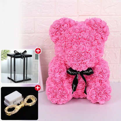 Valentine Gifts Decoration Rose Bear Artificial Flower With Box Lights Teddy Bear For Women Girlfriend Birthday Gift Love Flower