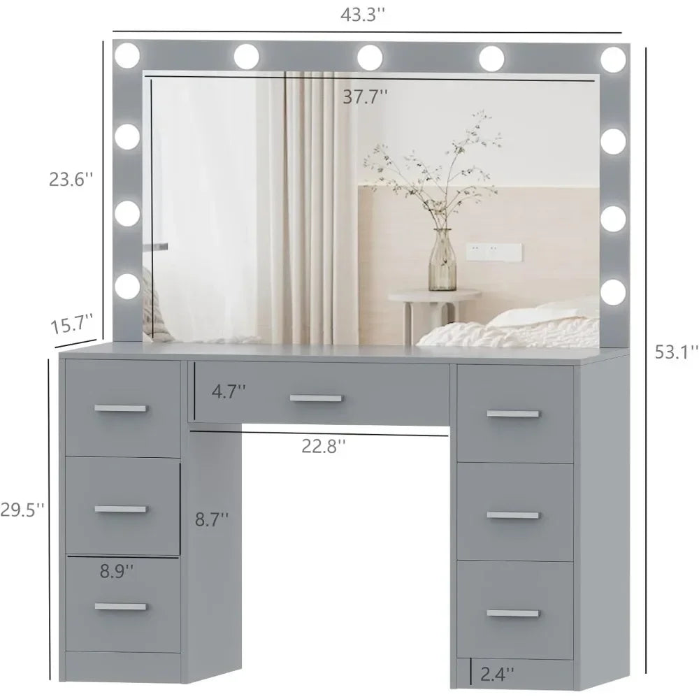 Vanity Desk, Lighted Mirror, 3 Color Lighting Modes, Dressing Table with Drawers, Bedroom Vanity Table Set for Women