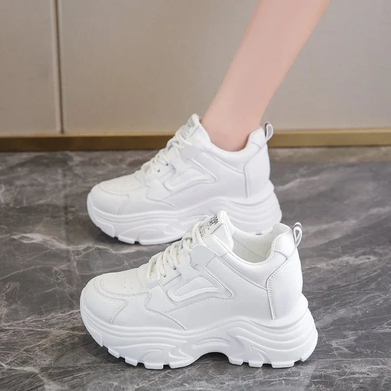 Women's Sneakers 2025 Spring Lace-Up Thick Bottom Vulcanize Shoes Woman Pu Leather Breathable White Black Sports Shoes Ladies