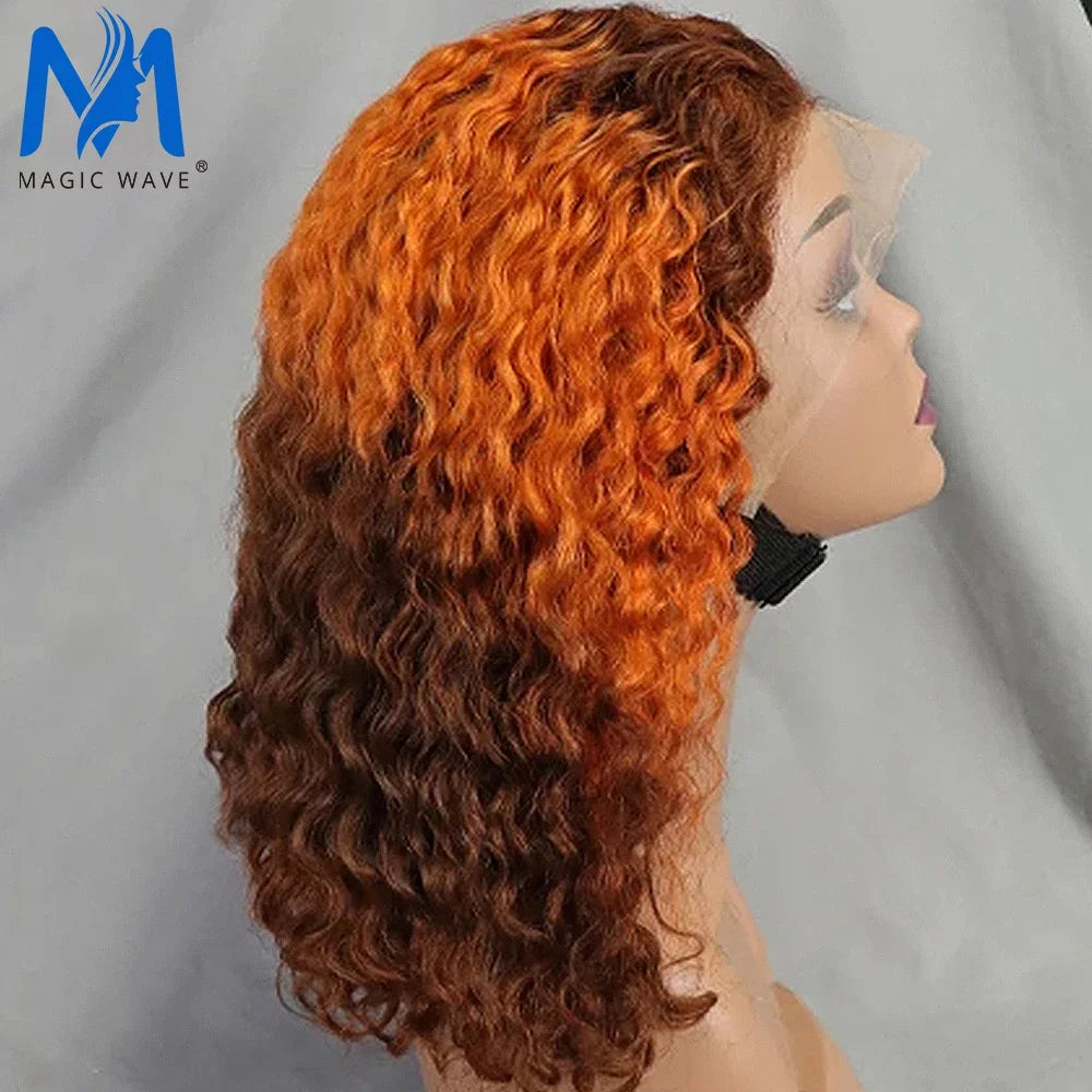 13x4 Lace Front Wigs 200% Density Bob Water Wave Wig 4/27 Human Hair Curly Human Hair with Baby Hair Wigs for Women 10-16 Inches