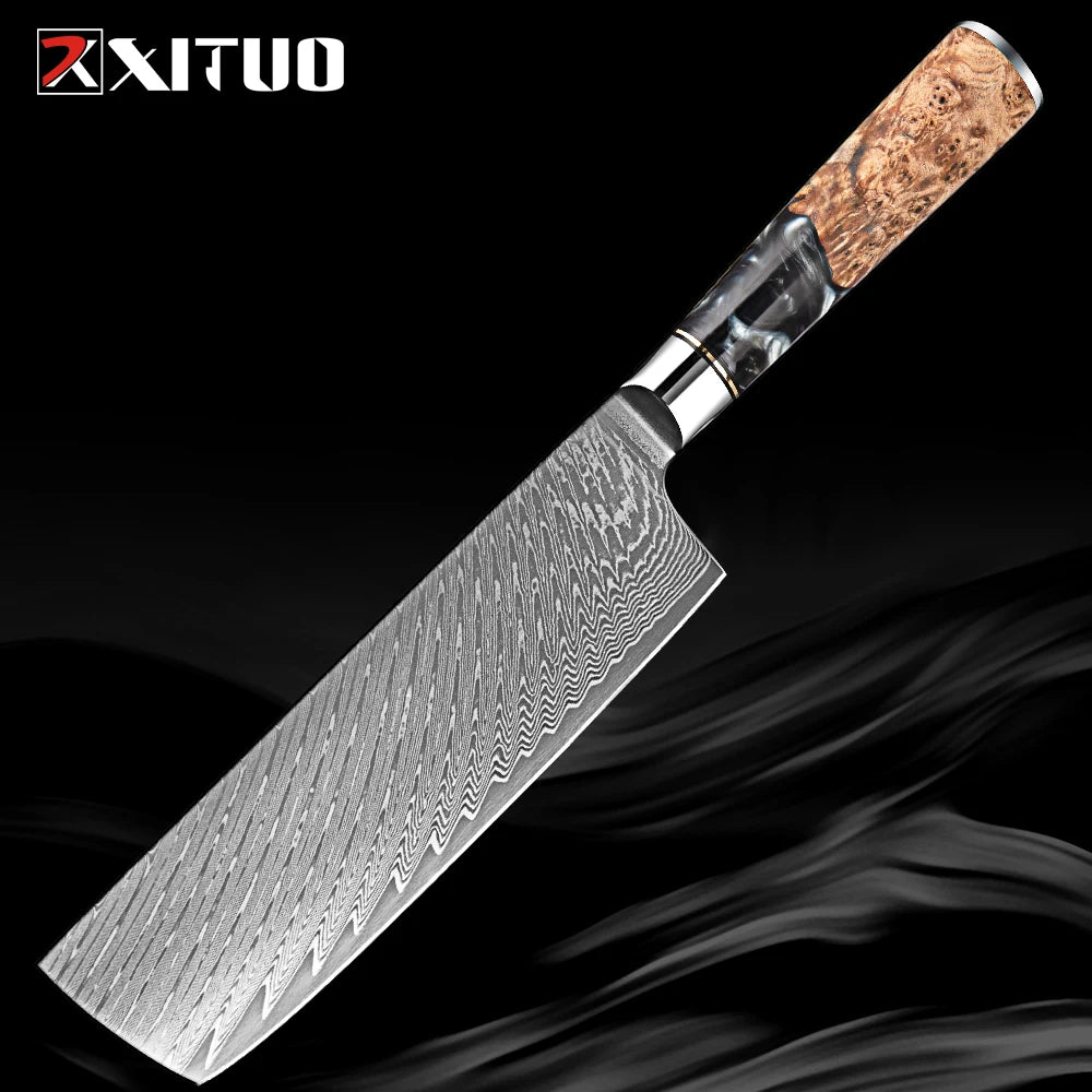 XITUO 1-9 PCS Damascus Steel Kitchen Knives High Quality Chef Chopping Vegetable Slicing Deboning Bread Knife Black Resin Handle